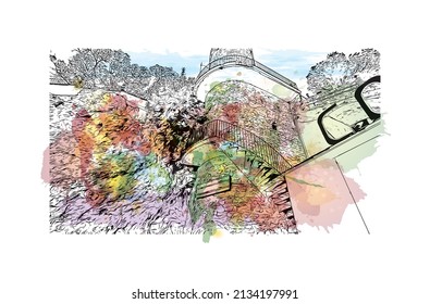 Building view with landmark of Mijas is the 
municipality in Spain. Watercolor splash with hand drawn sketch illustration in vector.