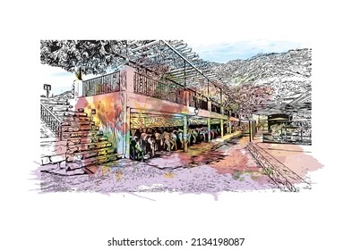Building view with landmark of Mijas is the 
municipality in Spain. Watercolor splash with hand drawn sketch illustration in vector.