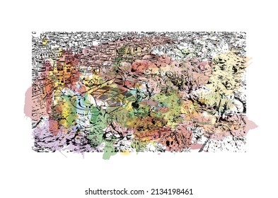 Building view with landmark of Mijas is the 
municipality in Spain. Watercolor splash with hand drawn sketch illustration in vector.