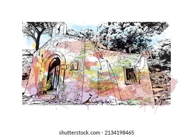 Building view with landmark of Mijas is the 
municipality in Spain. Watercolor splash with hand drawn sketch illustration in vector.