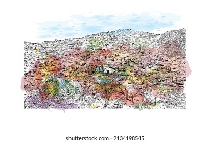 Building view with landmark of Mijas is the 
municipality in Spain. Watercolor splash with hand drawn sketch illustration in vector.