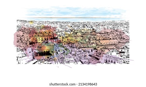 Building view with landmark of Mijas is the 
municipality in Spain. Watercolor splash with hand drawn sketch illustration in vector.