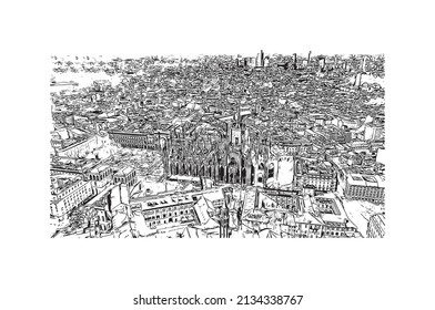 Building view with landmark of Milan is the 
city in Italy. Hand drawn sketch illustration in vector.