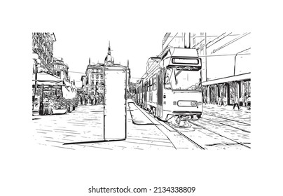 Building view with landmark of Milan is the 
city in Italy. Hand drawn sketch illustration in vector.