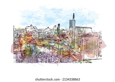 Building view with landmark of Milan is the 
city in Italy. Watercolor splash with hand drawn sketch illustration in vector.