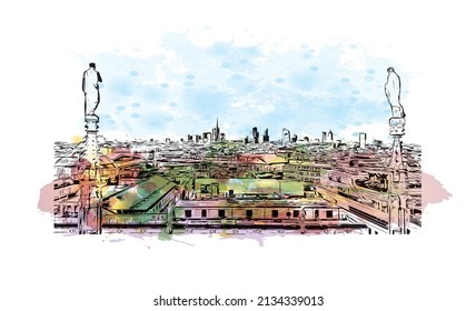 Building view with landmark of Milan is the 
city in Italy. Watercolor splash with hand drawn sketch illustration in vector.