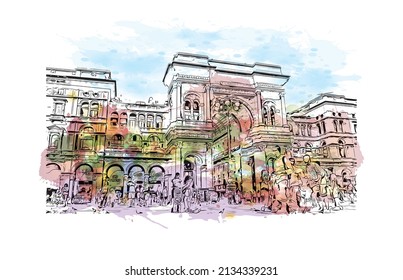 Building view with landmark of Milan is the 
city in Italy. Watercolor splash with hand drawn sketch illustration in vector.