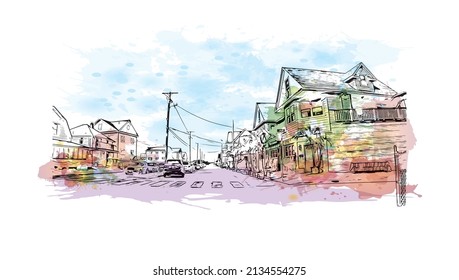 Building view with landmark of Milford is the 
city in Connecticut. Watercolor splash with hand drawn sketch illustration in vector.