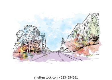 Building view with landmark of Milford is the 
city in Connecticut. Watercolor splash with hand drawn sketch illustration in vector.