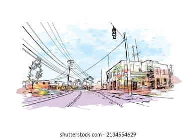 Building view with landmark of Milford is the 
city in Connecticut. Watercolor splash with hand drawn sketch illustration in vector.