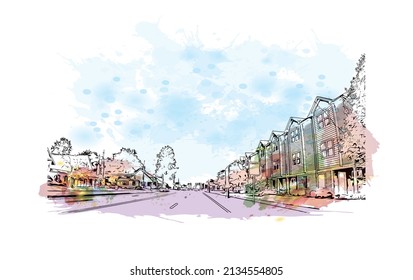 Building view with landmark of Milford is the 
city in Connecticut. Watercolor splash with hand drawn sketch illustration in vector.