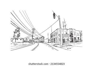 Building view with landmark of Milford is the 
city in Connecticut. Watercolor splash with hand drawn sketch illustration in vector.