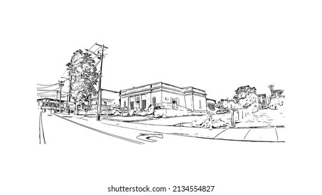 Building view with landmark of Milford is the 
city in Connecticut. Watercolor splash with hand drawn sketch illustration in vector.