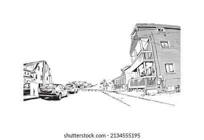 Building view with landmark of Milford is the 
city in Connecticut. Watercolor splash with hand drawn sketch illustration in vector.