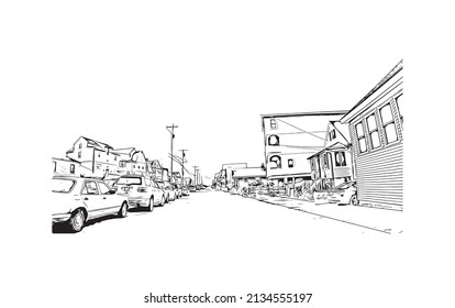 Building view with landmark of Milford is the 
city in Connecticut. Watercolor splash with hand drawn sketch illustration in vector.