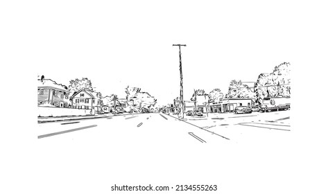 Building view with landmark of Milford is the 
city in Connecticut. Watercolor splash with hand drawn sketch illustration in vector.