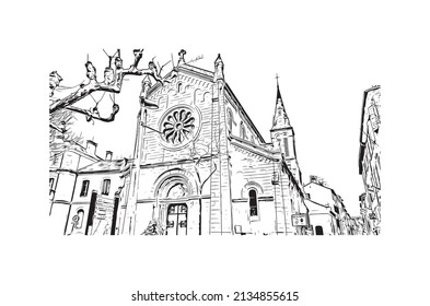 Building view with landmark of Millau is the 
commune in France. Hand drawn sketch illustration in vector.