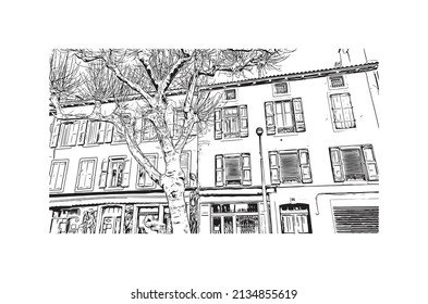 Building view with landmark of Millau is the 
commune in France. Hand drawn sketch illustration in vector.
