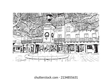 La vista de edificio con un punto de referencia de Millau es el 
comuna en Francia. Dibujo a mano de ilustración de esbozo en vector.