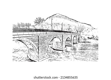 La vista de edificio con un punto de referencia de Millau es el 
comuna en Francia. Dibujo a mano de ilustración de esbozo en vector.