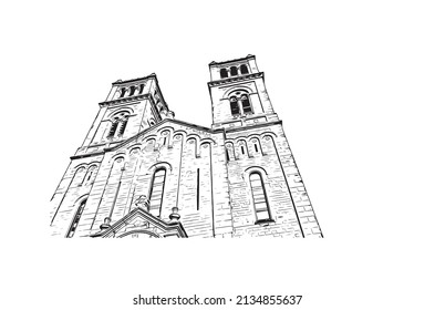Building view with landmark of Millau is the 
commune in France. Hand drawn sketch illustration in vector.