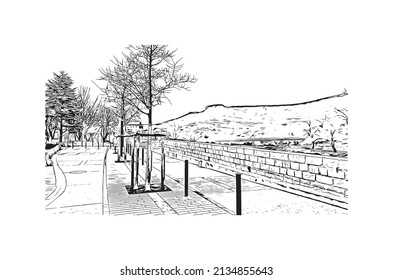 Building view with landmark of Millau is the 
commune in France. Hand drawn sketch illustration in vector.