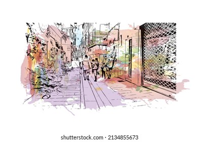 Building view with landmark of Millau is the 
commune in France. Watercolor splash with hand drawn sketch illustration in vector.