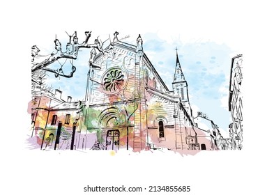 Building view with landmark of Millau is the 
commune in France. Watercolor splash with hand drawn sketch illustration in vector.