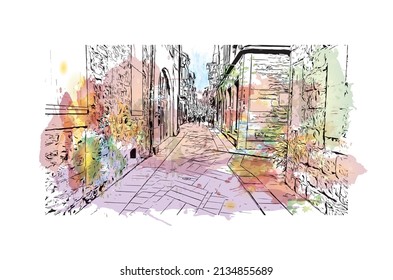 Building view with landmark of Millau is the 
commune in France. Watercolor splash with hand drawn sketch illustration in vector.