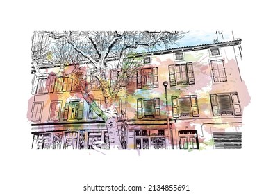 Building view with landmark of Millau is the 
commune in France. Watercolor splash with hand drawn sketch illustration in vector.