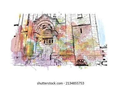 Building view with landmark of Millau is the 
commune in France. Watercolor splash with hand drawn sketch illustration in vector.