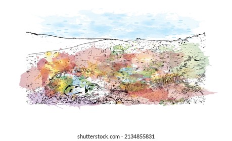 La vista de edificio con un punto de referencia de Millau es el 
comuna en Francia. Salto de color de agua con ilustración de esbozo dibujada a mano en vector.
