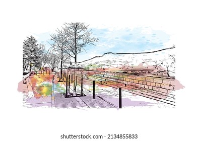Der Blick auf das Gebäude mit Wahrzeichen von Millau ist der 
Gemeinde in Frankreich. Aquarellspritzer mit handgezeichneter Skizzengrafik in Vektorgrafik.