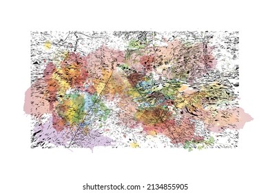 Building view with landmark of Millau is the 
commune in France. Watercolor splash with hand drawn sketch illustration in vector.