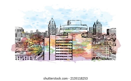 Building view with landmark of Milwaukee is the 
city in Wisconsin. Watercolor splash with hand drawn sketch illustration in vector.
