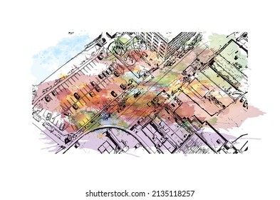 Building view with landmark of Milwaukee is the 
city in Wisconsin. Watercolor splash with hand drawn sketch illustration in vector.