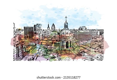 Building view with landmark of Milwaukee is the 
city in Wisconsin. Watercolor splash with hand drawn sketch illustration in vector.