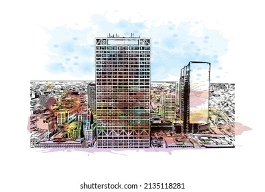 Building view with landmark of Milwaukee is the 
city in Wisconsin. Watercolor splash with hand drawn sketch illustration in vector.