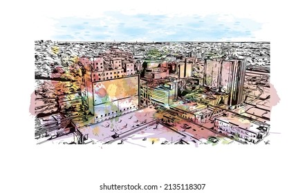 Building view with landmark of Milwaukee is the 
city in Wisconsin. Watercolor splash with hand drawn sketch illustration in vector.