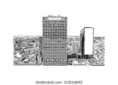 Building view with landmark of Milwaukee is the 
city in Wisconsin. Hand drawn sketch illustration in vector.