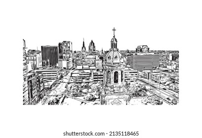 Building view with landmark of Milwaukee is the 
city in Wisconsin. Hand drawn sketch illustration in vector.