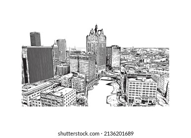 Building view with landmark of Milwaukee is the 
city in Wisconsin. Hand drawn sketch illustration in vector.