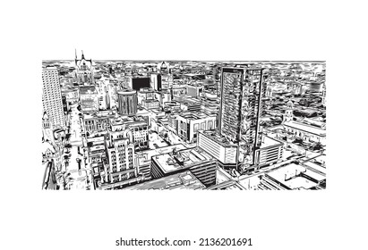 Building view with landmark of Milwaukee is the 
city in Wisconsin. Hand drawn sketch illustration in vector.