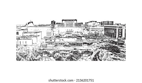 La vista de edificio con un punto de referencia de Milwaukee es el 
ciudad de Wisconsin. Dibujo a mano de ilustración de esbozo en vector.