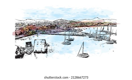 Building view with landmark of Mindelo is a port city in Cape Verde. Watercolor splash with hand drawn sketch illustration in vector.