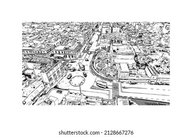 Building view with landmark of Mindelo is a port city in Cape Verde. Hand drawn sketch illustration in vector.