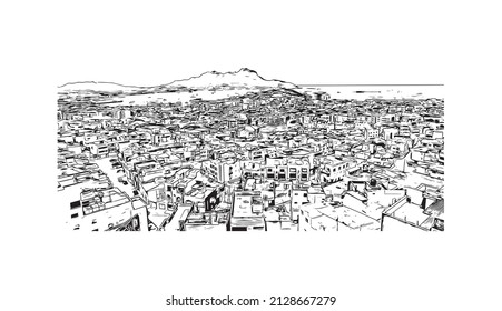 Building view with landmark of Mindelo is a port city in Cape Verde. Hand drawn sketch illustration in vector.