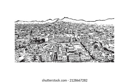 Building view with landmark of Mindelo is a port city in Cape Verde. Hand drawn sketch illustration in vector.