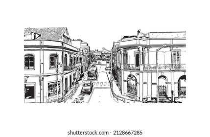 Building view with landmark of Mindelo is a port city in Cape Verde. Hand drawn sketch illustration in vector.