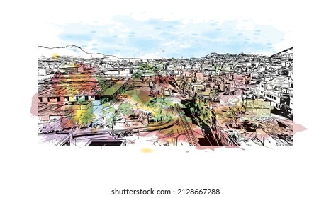 Building view with landmark of Mindelo is a port city in Cape Verde. Watercolor splash with hand drawn sketch illustration in vector.